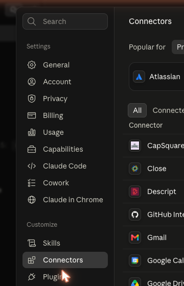 Settings › Customize › Connectors