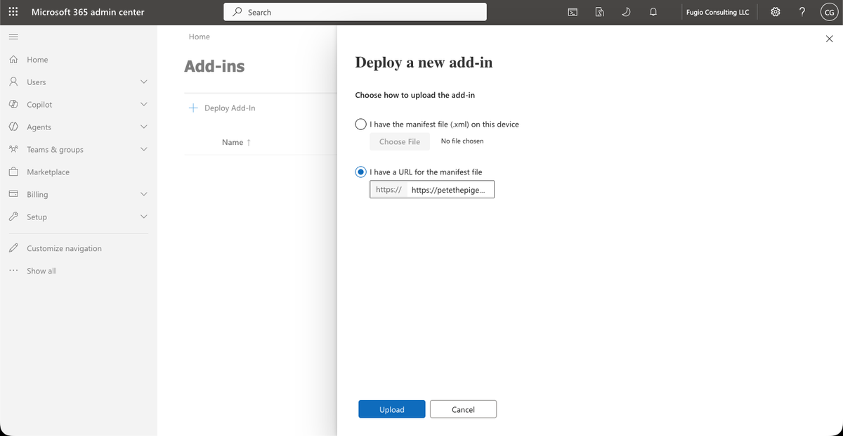 The upload step with I have a URL for the manifest file selected and the link pasted