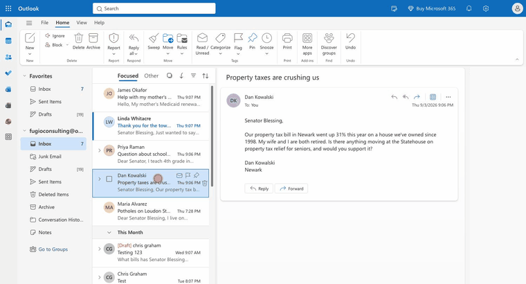 Pete the Pigeon in Outlook: a constituent email open, Pete's summary of what they're asking, and his drafted reply